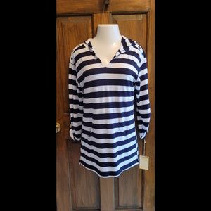 Sandiva Sz S NWT Navy & White Bathing Suit Cover With Hoodie P2P 19 L 16